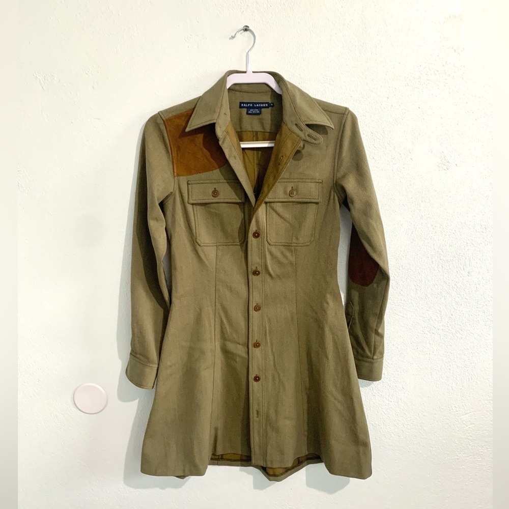 Ralph Lauren wool trench coat with suede shoulder patch and elbow pads